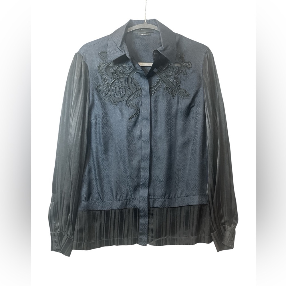 Yigal Azrouel 100% Silk Blouse Size‎ 2 Black Blue Embroidered Snake